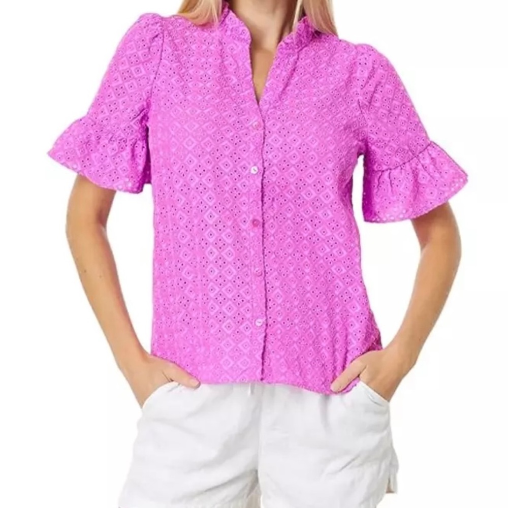 LILLY PULITZER Size 0 CALYNN Eyelet Button Down Shirt - Wild FUCHSIA PINK - NWT